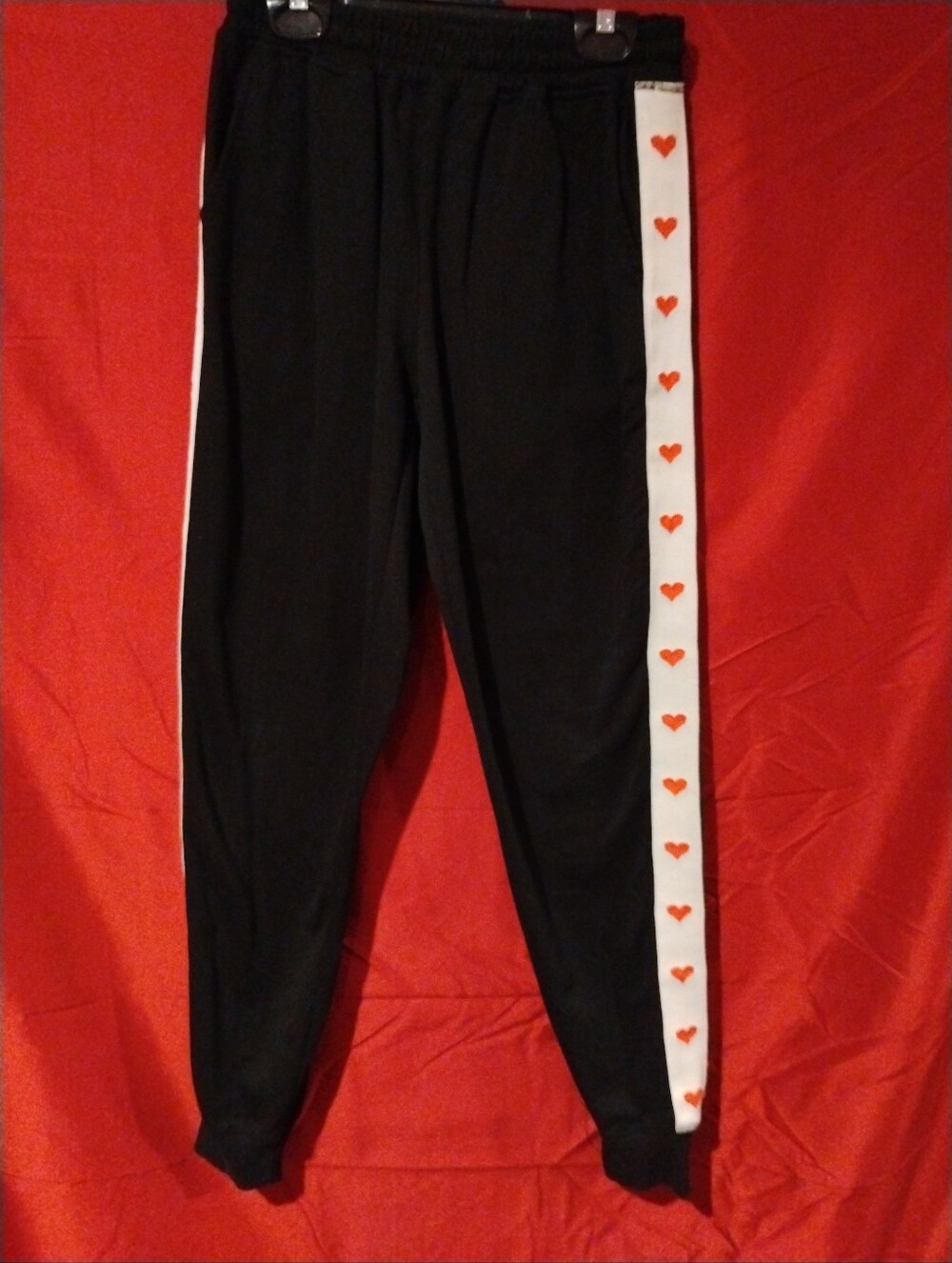 LuLaRoe Jax Joggers Black with Red Hearts White Side Stripe Track Pants - XS